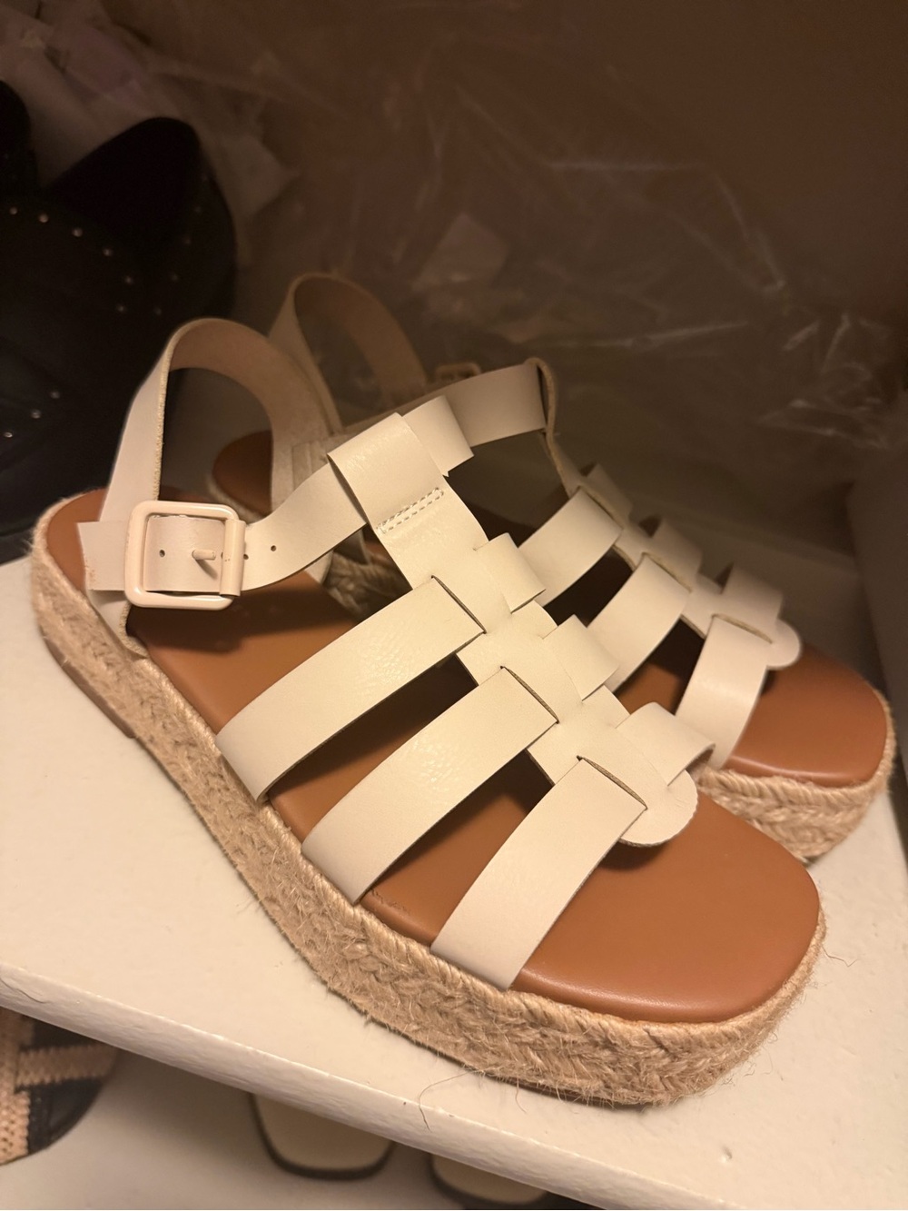 American Eagle Outfitters Cream Woven Platform Espadrille Sandals